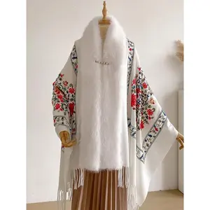 Vintage Embroidered Floral Shawl for Women, Autumn Winter Warm Versatile Outerwear, Elegant Fitted Design, Ethnic Pattern, Embroidery Shawl