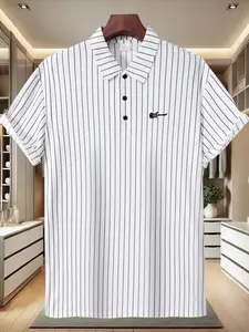 Men's Summer Casual Business Guitar Print Short Sleeve Polo Shirt, Comfortable Ice-Cool Collared Top for Commuting and Daily Wear