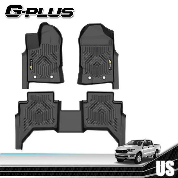 G-PLUS TPE Automotive Mats for 2019-2024 Ford Ranger Crew Cab, All-Weather, Waterproof, Anti-Slip Liners, 1st & 2nd Row, Black, Floor Mats for Trucks, All Weather Grip Floor Mats, Anti Mud Floor Mats