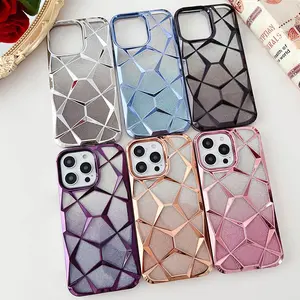 Gradient Glitter Geometric Case For iPhone 14 Pro Max 11 12 13 15 16 Phone Case Soft Clear Lattice Diamond Pattern Back Cover