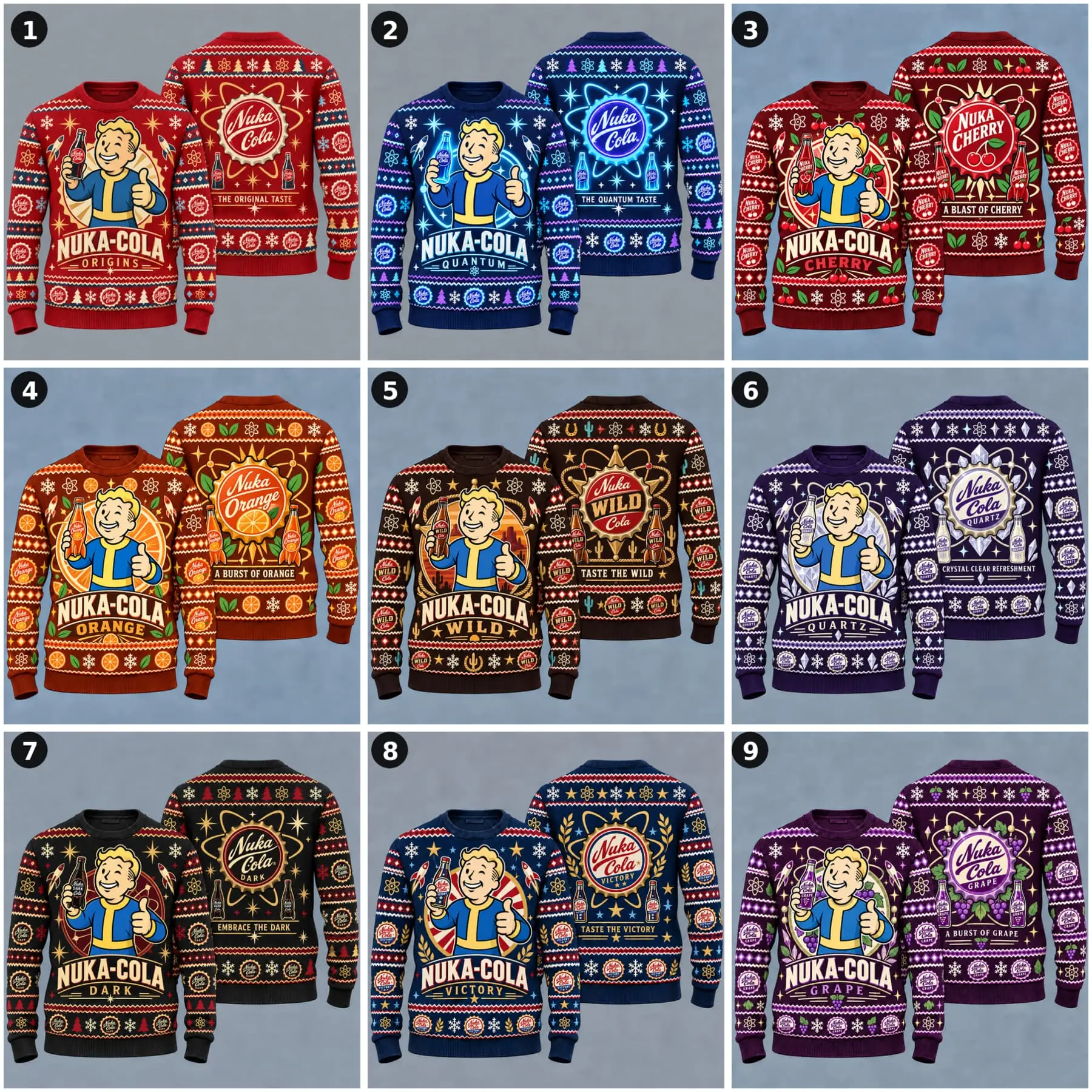 Fallout Nuka-Cola Ugly Christmas Sweater | Choose Your Flavor Fan Merch | Quantum Cherry Dark Grape Faux Knit Graphic Pullover | Vault Boy Holiday Sweatshirt | Unique Gift for Video Game Lovers