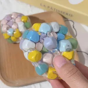 Macaron Color Bead Stress Relief Squishy Ball, Soft Tpr Transparent Net Bag, Sensory Fidget Toy, Perfect for Parties and Gifts