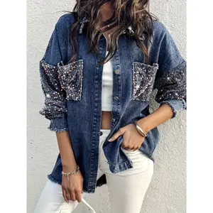 Stand Collar Contrast Sequins Long Sleeve Fringe Hem Denim Jacket Casual Coat 2025 Autumn and Winter Fashion Clothing