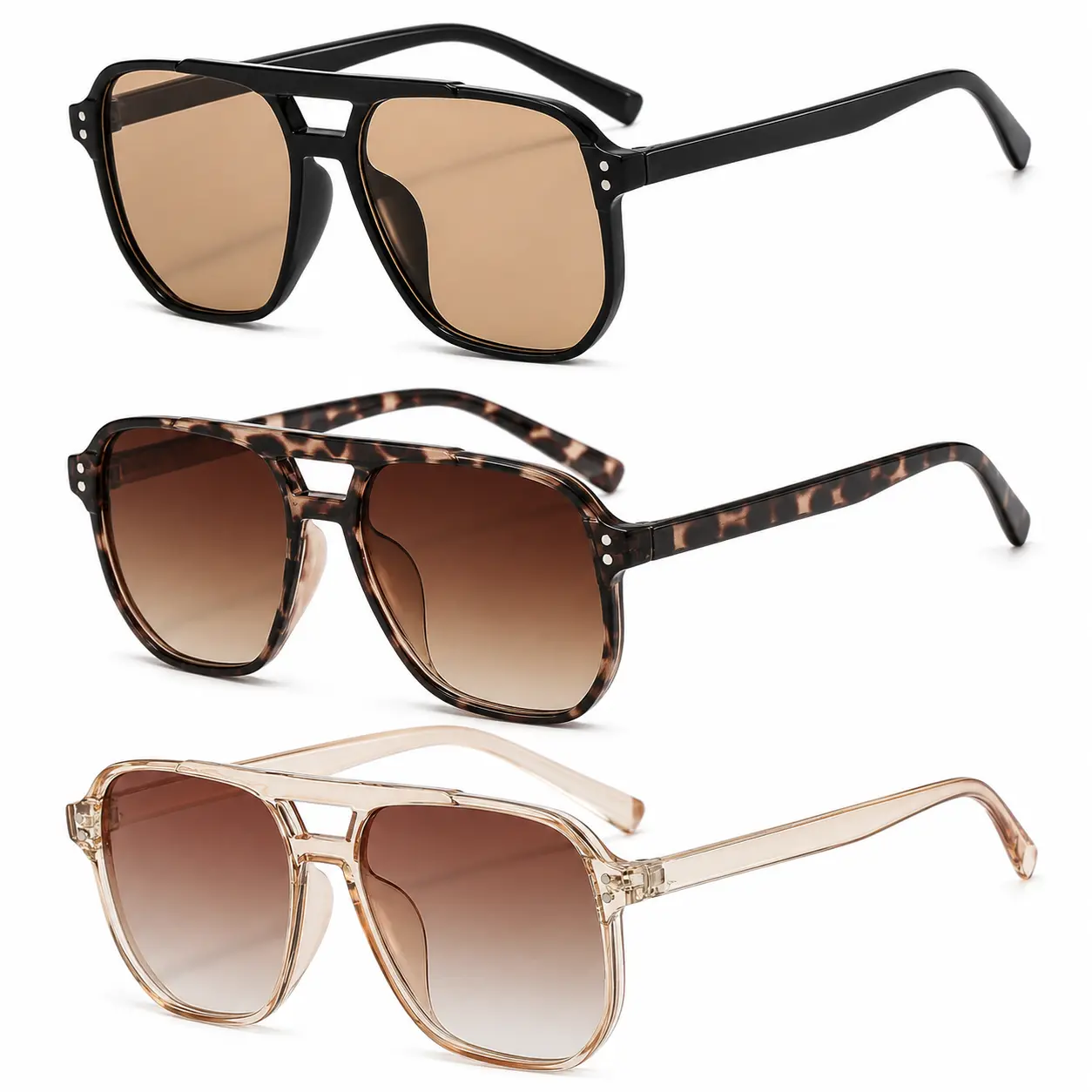 1 Pair Retro Aviator Sunglasses for Women and Men, Double Bridge Square Frame with Gradient Lenses, Multiple Colors Available, Fashion Shades for Travel and Daily Wear