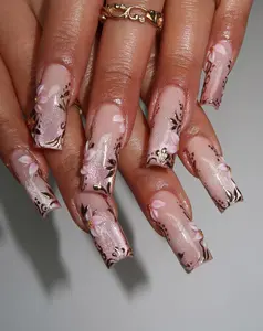 Luxury Floral Press On Nails, Handmade Blush Pink Nails With 3D Flowers, Gold Foil Details, Luxury Bridal & Formal Nail Set