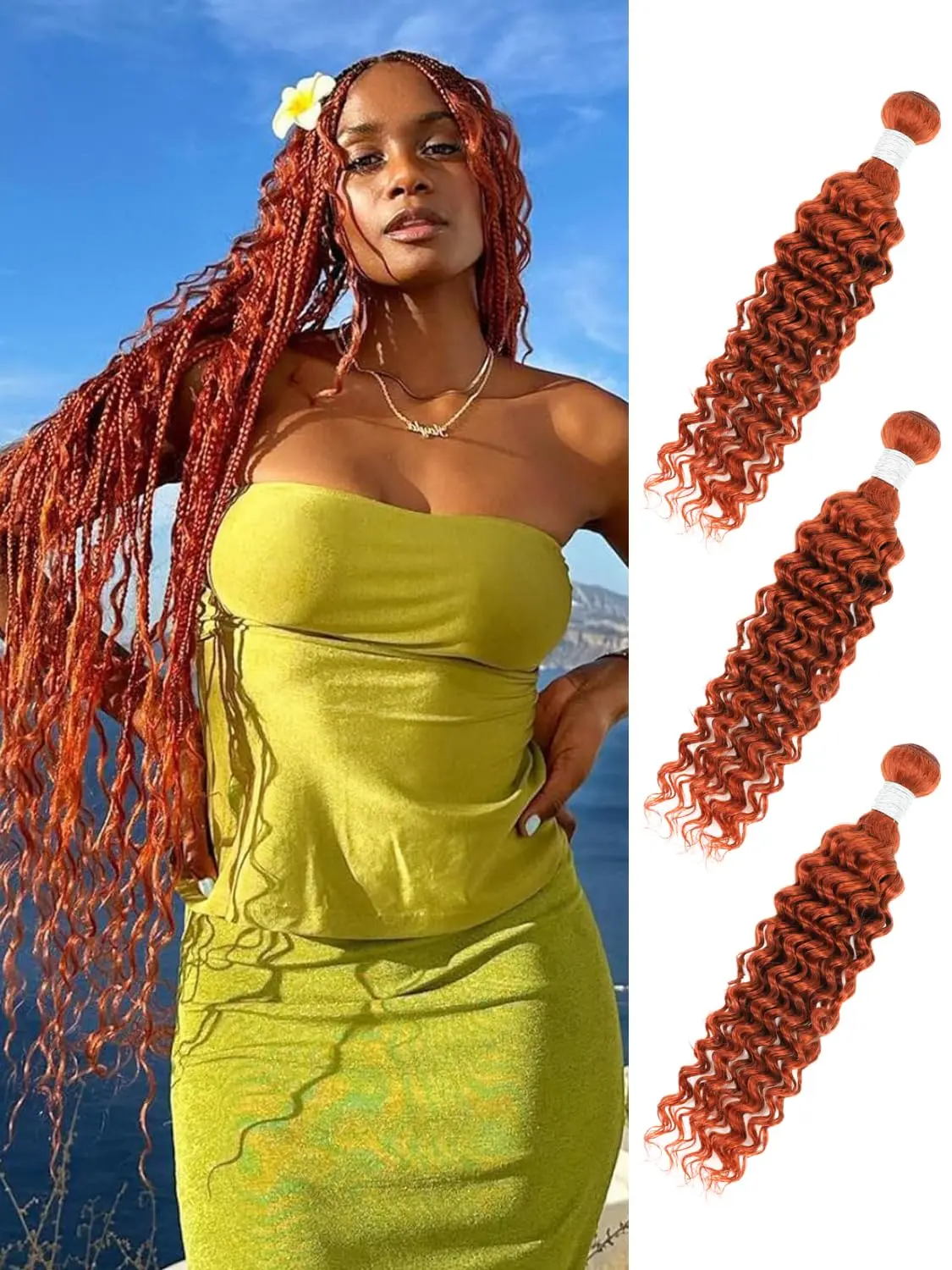 12A 100% Unprocessed Virgin Brazilian Ginger Deep Wave Hair Bundles, 3 Bundles #350 Burnt Orange Remy Human Hair Extensions, Thick Track Sew-In Water Wavy Weaves with 12 Months Durability