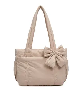 Trendy Bow Shoulder Bag Cute Quilted Tote Purse Lightweight Large Capacity Handbag