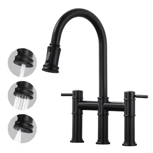 WOWOW Bridge Faucet Black Farmhouse 3 Hole Kitchen Faucet with Pull Down Sprayer, 2 Handle High Arc Brass Faucet with 360° Swivel, with Supply Lines