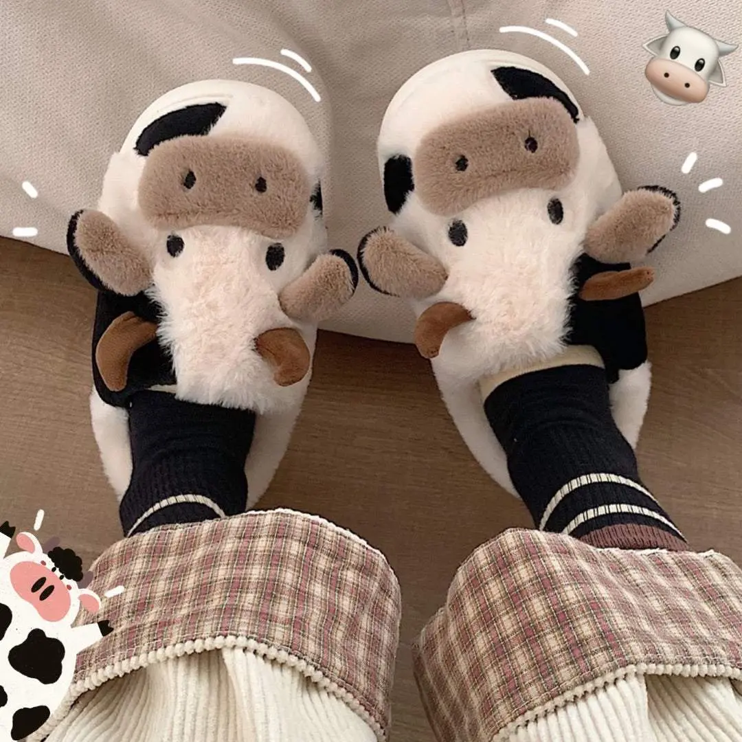 Cartoon Cow Cotton Slippers, Winter Indoor Outdoor Slippers For Women, Cozy Plush Fuzzy Soft Cute