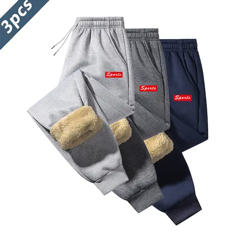 Menswear Men's 3-Pieces Casual Fleece Basics Set - Thick Sherpa Lining, Slant Pockets, 100% Wear-Resistant Polyester, Plain Solid Color, Mid Waist, Mix and Match Design, Athleisure Style Pants, Sports Comfort & Stylish Fit