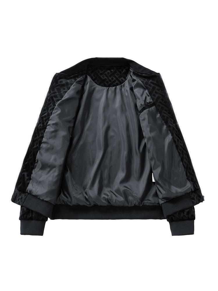 Men’s luxurious allover geometric-patterned black velvet baseball jacket featuring a relaxed drop-fit silhouette and a full zip closure, ribbed cuffs and hem, a premium dark-tone streetwear piece suitable for men’s everyday urban wear.