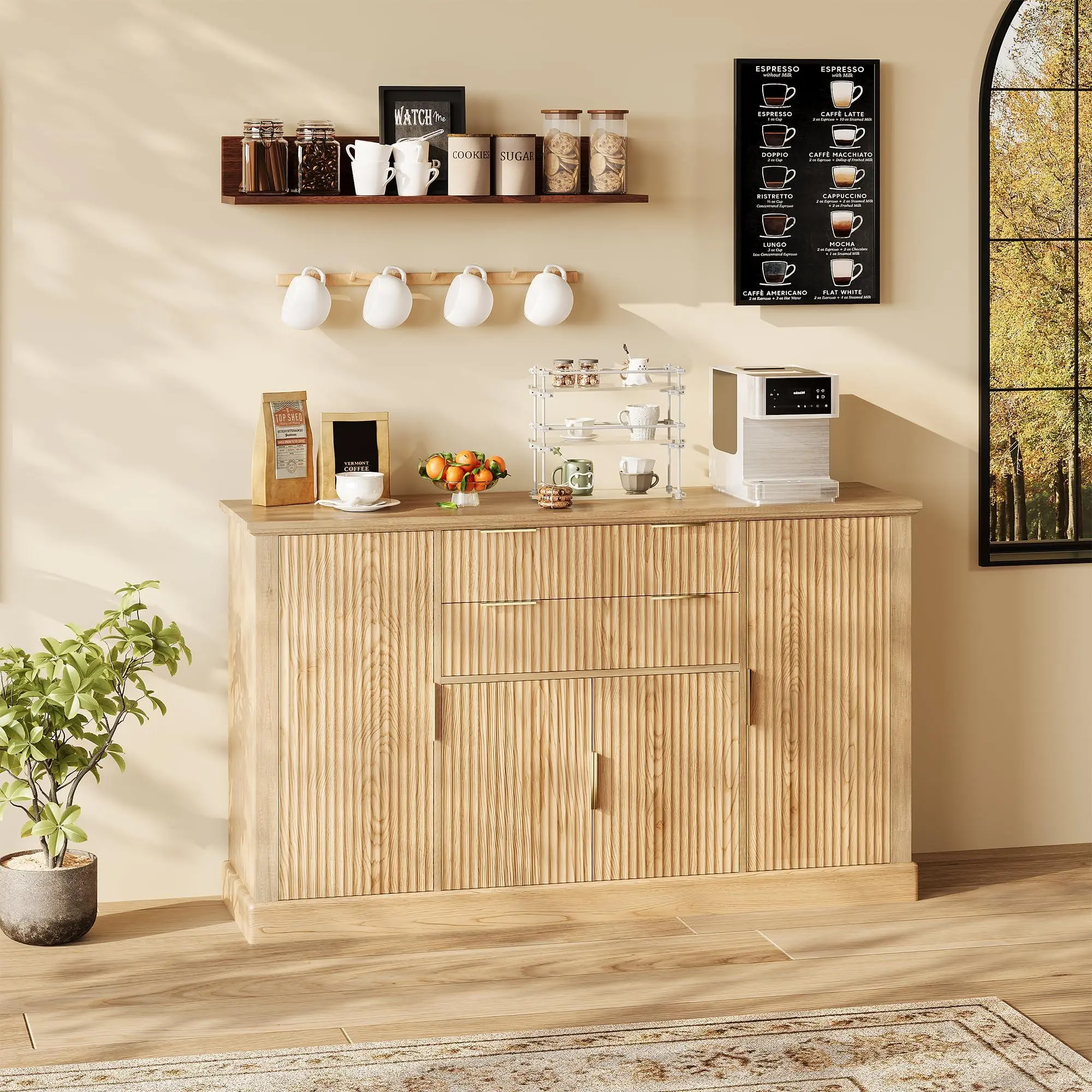 Natural Oak Modern Farmhouse Sideboard Buffet Cabinet - 58in Width, 15.75in Depth, Gold Handles, 4 Doors, 2 Drawers, Adjustable Shelf, Fluted Design, Wood, Durable, Space-Saving Storage, Assembly Required, Indoor Furniture for Living Room, Dining Room, Ru