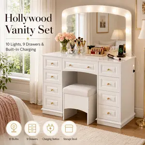 Super White Makeup Vanity Desk with 10 Hollywood Light Bulbs and Storage Stool Large Dressing Table with 9 Drawers Power Outlet Charging Station Bedroom Furniture Aesthetic Beauty Room GRWM Setup for Teen Girls Women