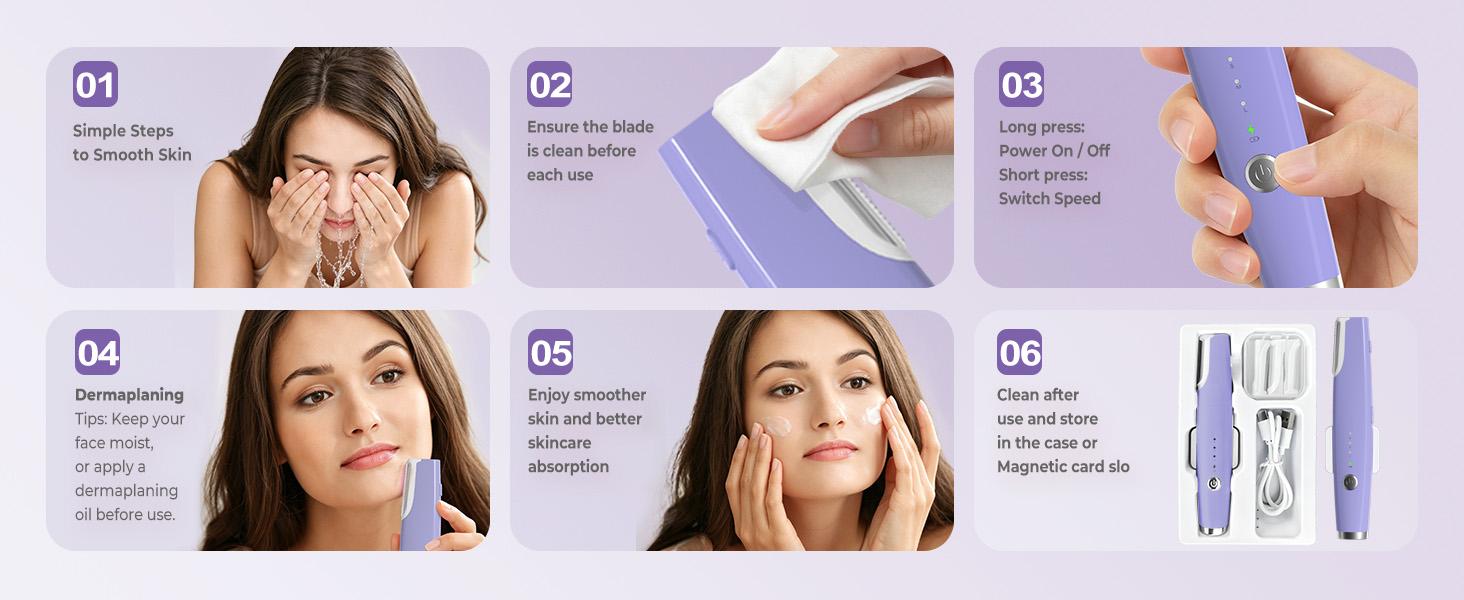 Purple Sonic Dermaplaning Tool for Women, 3-Speed Facial Hair Remover with LED Light, Rechargeable Face Shaver for Peach Fuzz Removal & Gentle Exfoliation, Portable Skincare Tool with Replaceable Blades Purple Sonic Dermaplaning Tool for Women, 3-Speed Facial Hair Remover with LED Light, Rechargeable Face Shaver for Peach Fuzz Removal & Gentle Exfoliation, Portable Skincare Tool with Replaceable Blades