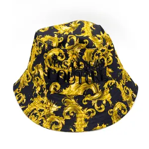 Versace Jeans Couture Baroque Bucket Hat Men's Iconic Black & Gold Print Structured Fabric Statement Streetwear Style