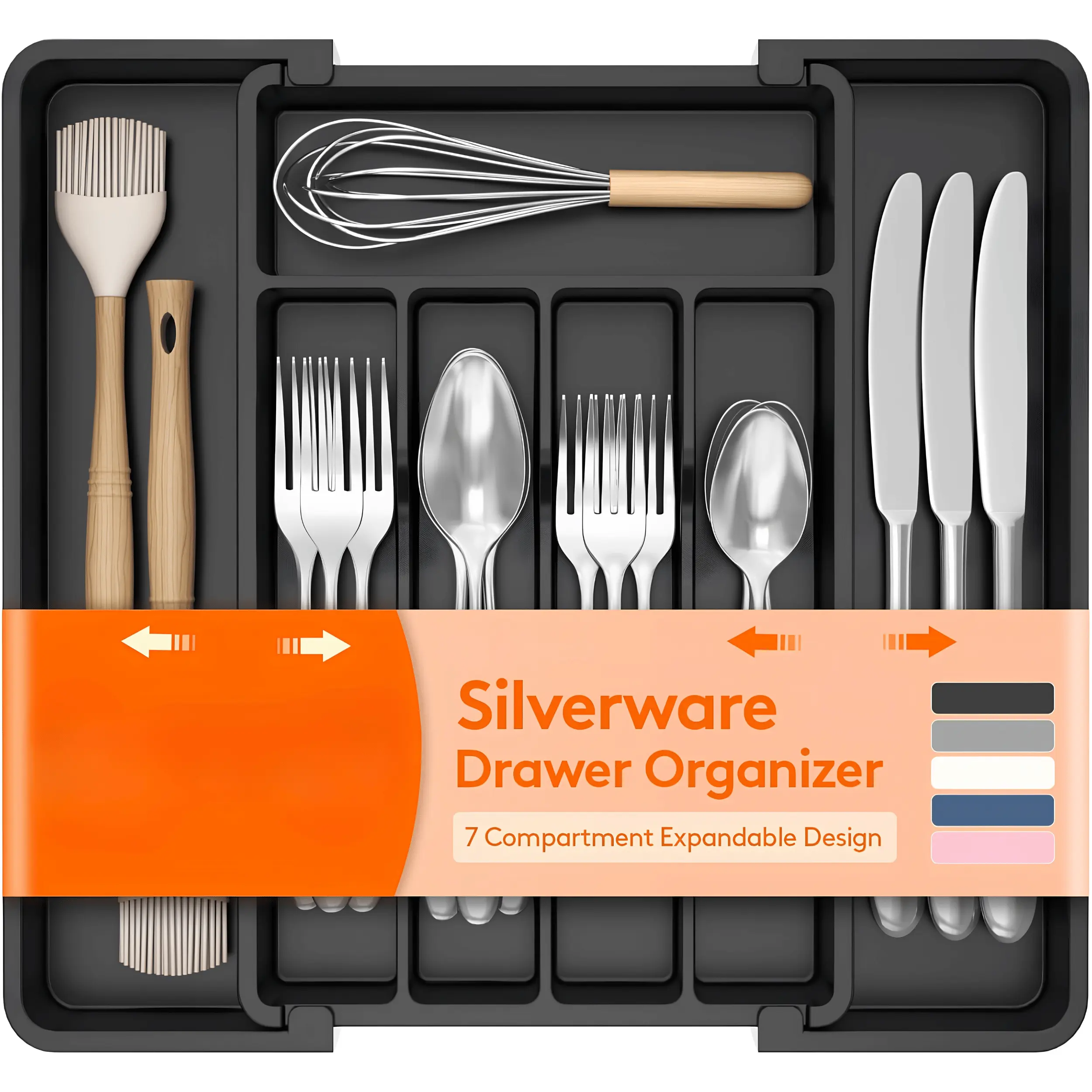 Expandable Silverware Organizer Adjustable Plastic Utensil Tray for Kitchen Drawers, BPA-Free Cutlery Holder for Spoons, Forks & Knives, Space-Saving Flatware Storage with 8–13.8 x 11.2 x 1.4 Inch Expandable Design, Black