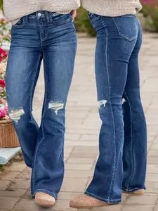Women's Vintage Washed Ripped Jeans, European Style Flared Straight Leg Pants, American Fashion, Daily Wear Preferred