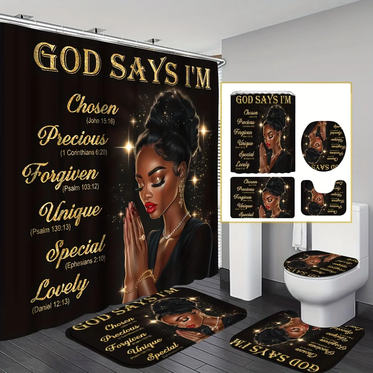 1pcs/4pcs God Says I Am Shower Curtain Sets, African Women Prayer Shower with 12 Hooks, Non-Slip Bathroom Rug, Toilet U-Shape Mat, Toilet Lid Cover Pad, Christian Women Biblical Verses Bathroom Decor, Shower Sets for Bathrooms