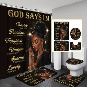 1pcs/4pcs God Says I Am Shower Curtain Sets, African Women Prayer Shower with 12 Hooks, Non-Slip Bathroom Rug, Toilet U-Shape Mat, Toilet Lid Cover Pad, Christian Women Biblical Verses Bathroom Decor, Shower Sets for Bathrooms