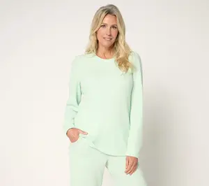 AnyBody Brushed Waffle Knit Crew Neck Top with Tall Button Cuff