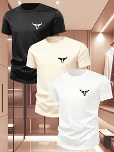 Men's Bull Head Print Round Neck Short Sleeve T-Shirt, Casual Comfortable Fashion Top, 3 Pack, Daily Wear