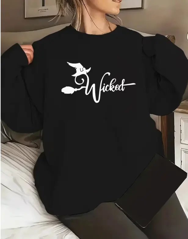 Women'S Plus Size "Wicked" Witch Sweatshirt, Casual Round Neck Pullover, Polyester Stretch Fabric, Autumn/Winter Fashion, Letter Print, Knit Hoodie, for Halloween