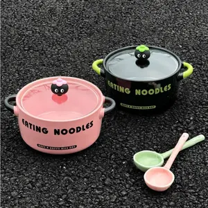 Ceramic Bowl Set with Lid and Spoon - Cute Pattern, Microwave Safe Double-Handled Rice Soup Dessert Bowl , Kitchen  Dish Set (1 Piece)Nice Gift