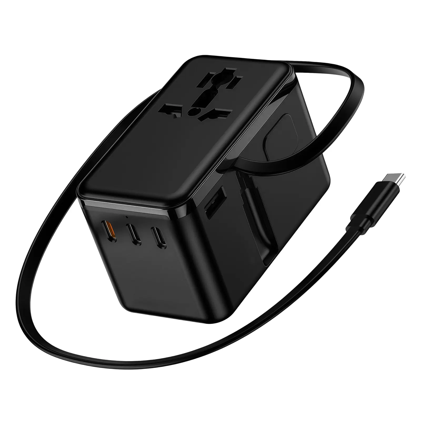 Nano GaN Adapter, 7-in-1 Ultra-Compact Global Charger with 3 USB-C Ports & 1 USB-A, Compatible with Multiple Country AC Plugs, Built-in Retractable 100W Type-C Cable, Dual High-Temperature Protection, Perfect for International Travel