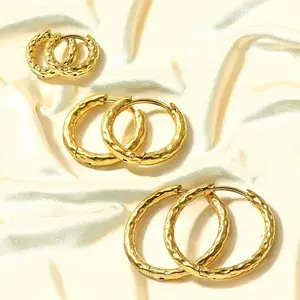 14K Gold Plated Stainless Steel Hoop Round Earrings Women Textured Circles E25