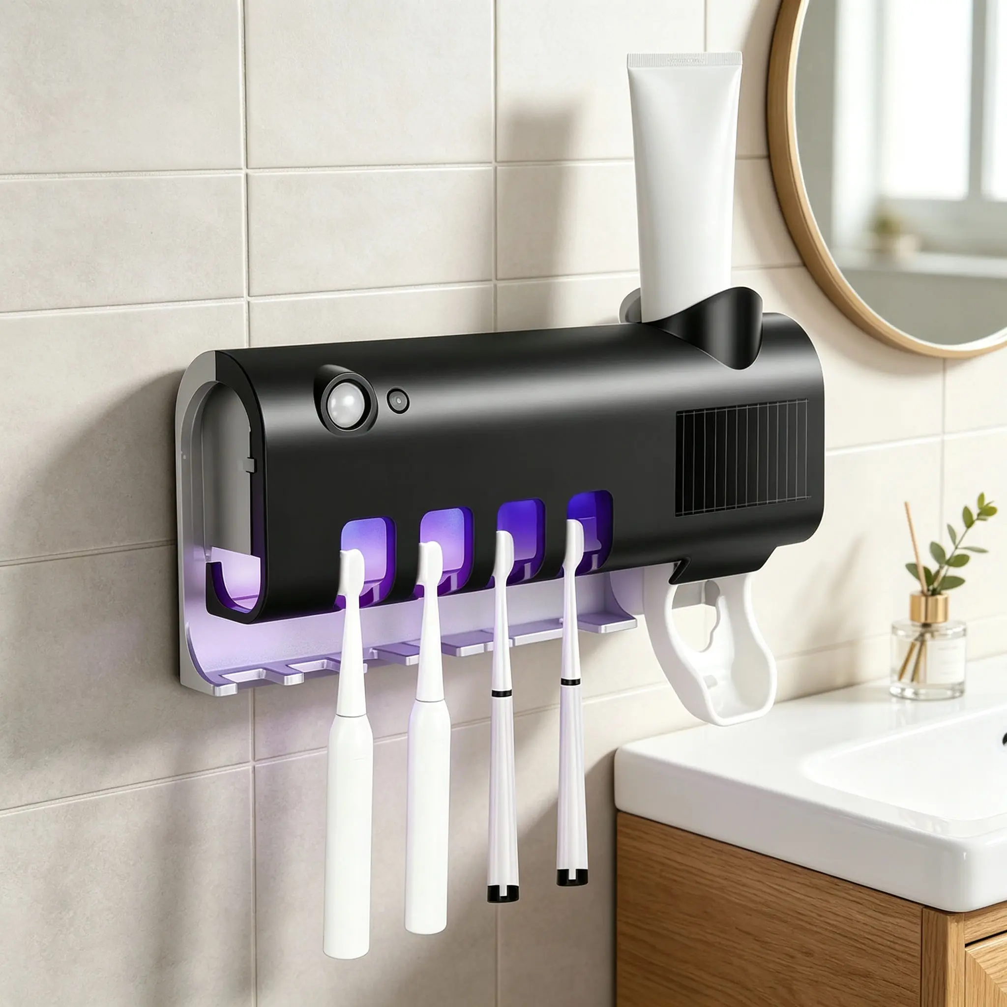 Bathroom UV Light Sterilizer Toothbrush Holder, Automatic Toothpaste Dispenser, Home Supplies Organizer