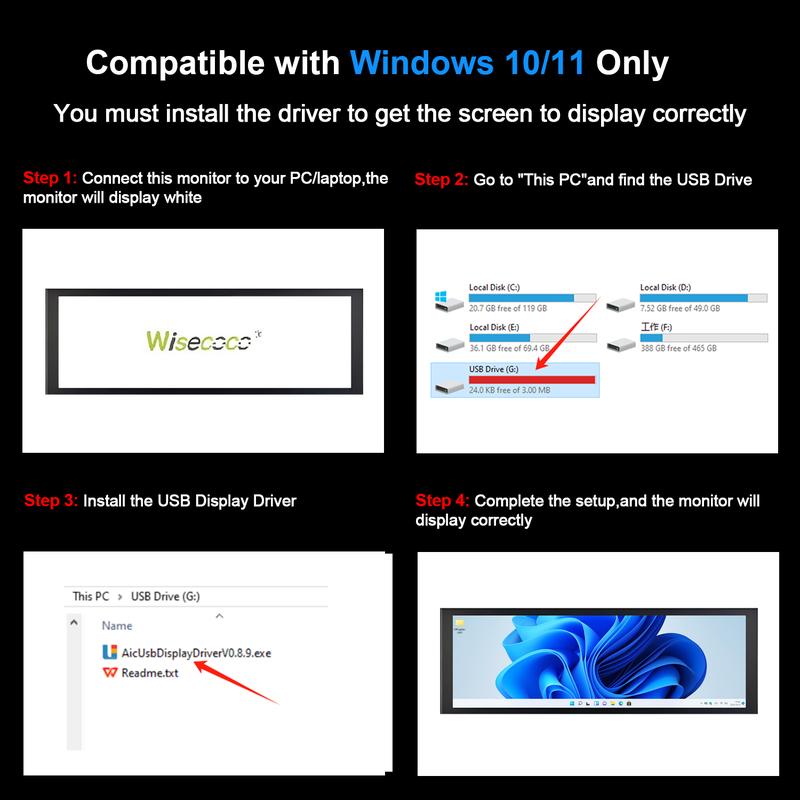 Wisecoco 7.84 Inch Mini Monitor HD IPS 1280x400 Bar LCD Secondary Screen with Casing for macOS & Windows AIDA64 CPU GPU Speed & Temperature Monitoring