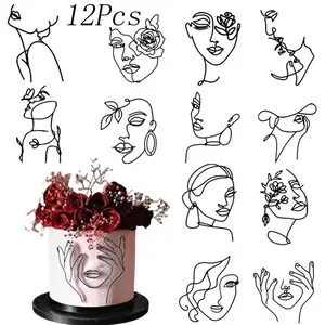 12 Pcs Boho Lady Face Cake Topper,Modern Minimalist Abstract Women Stencil,Acrylic Lady Face Cake Topper,for Birthday,Party