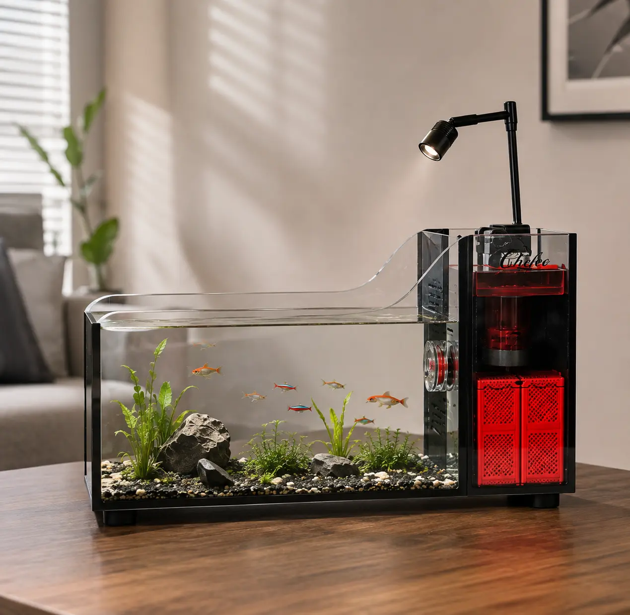 Chefoo Low-Upkeep Desktop Fish Tank, 2gal Classic Stream-Style Aquarium with Bio Filter, Adjustable LED Lighting, Advanced Ceramic Filtration for Office, Studio - No Separate Power Supply Needed