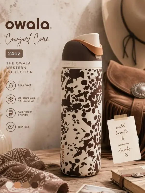 Owala Color Drop 24oz FreeSip Cowgirl Core Cow Print Water Bottle