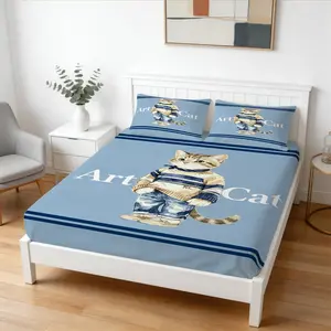 Stylish Preppy Art Cat Fitted Sheet Set, 1 Fitted Sheet & 2 Pillowcases, Soft Cozy Bedding for Bedroom, Dorm & Apartment, Perfect Gift for Cat Lovers & Room Makeover