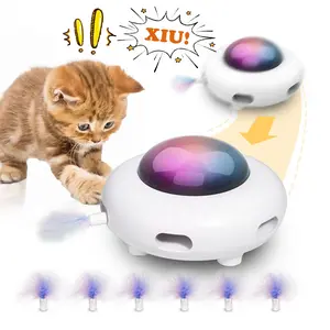 "Interactive Cat Toys for Indoor Cats，Electric Cat Toys for Moving Concealed Feathers，USB Rechargeable，White，Entertainment with 6pcs Feathers -UFO"