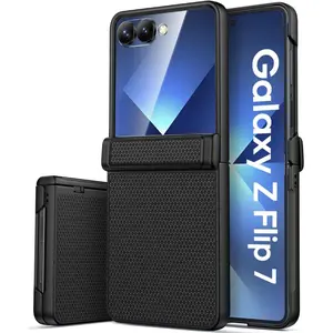 X-SBB22  for Samsung Galaxy Z Flip 7 Case with Outer Screen Protector & Rugged Hinge Protection & Non-Slip Texture, Shockproof Sturdy Full Body Phone Cover Case for Samsung Galaxy Z Flip 7 2025, Black