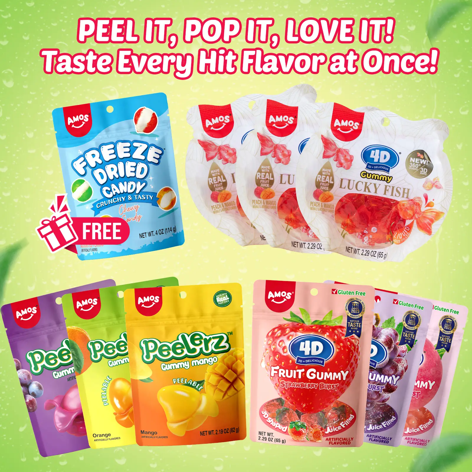 Amos Fruity Candy Combo – 10 Hit Flavors in 1 Pack + FREE Bonus Snack | Peel, Pop & Love Every Bite! | Limited Edition Variety Gift Set Sweet Bite
