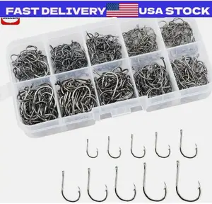 500pcs Fish Hooks 10 Sizes Fishing Black Silver Sharpened With Box Quality kit