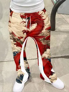 Men's Loose Fit 3D Colorful Dragon Wave Print Pants, Casual Sporty Streetwear, Hip Hop Vintage Long Pants, All Seasons