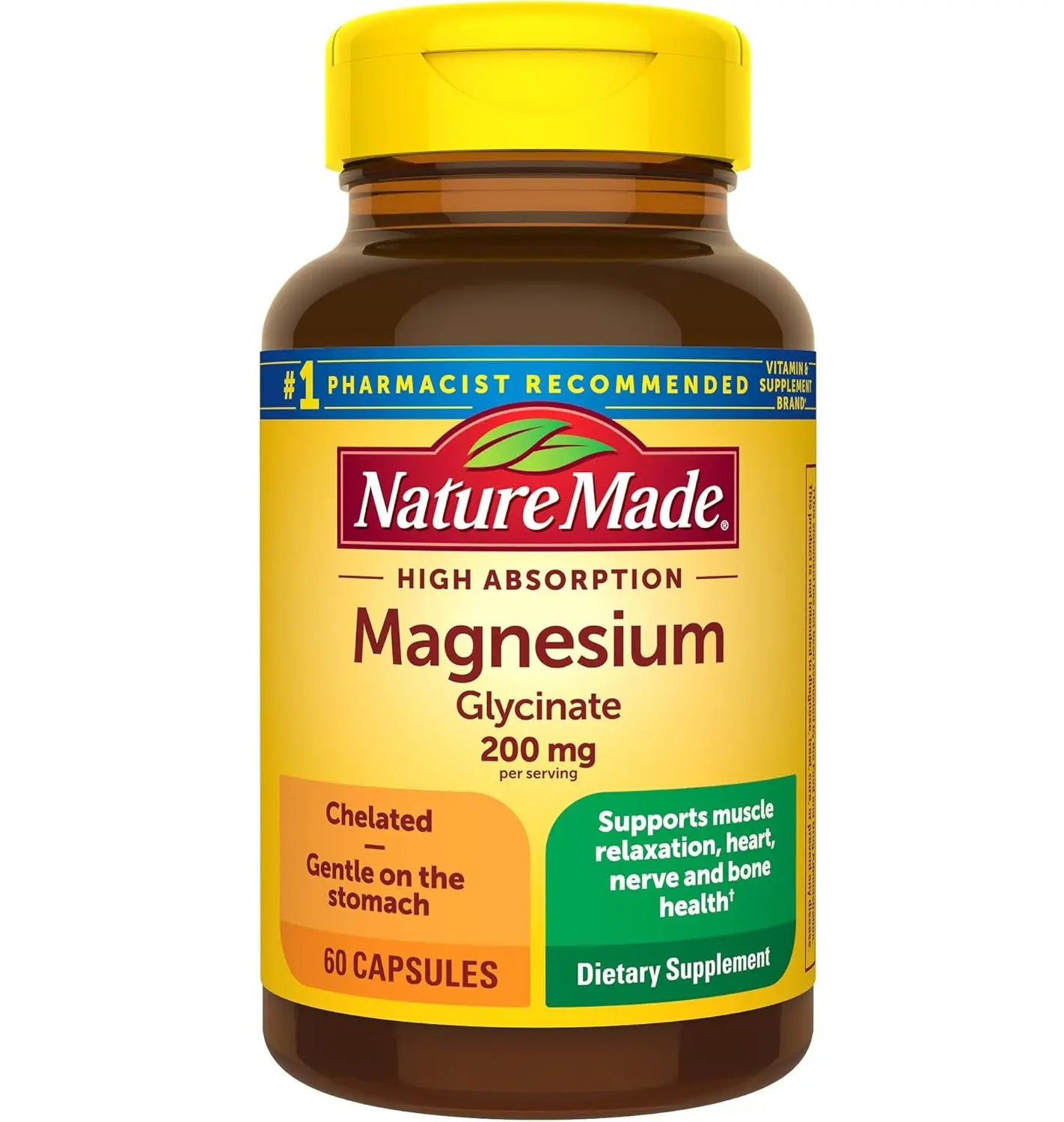 Nature Made Magnesium Glycinate 200 mg per Serving, Magnesium Supplement for Muscle, Heart, Nerve and Bone Support, 60 Magnesium Bisglycinate Capsules, 30 Day Supply