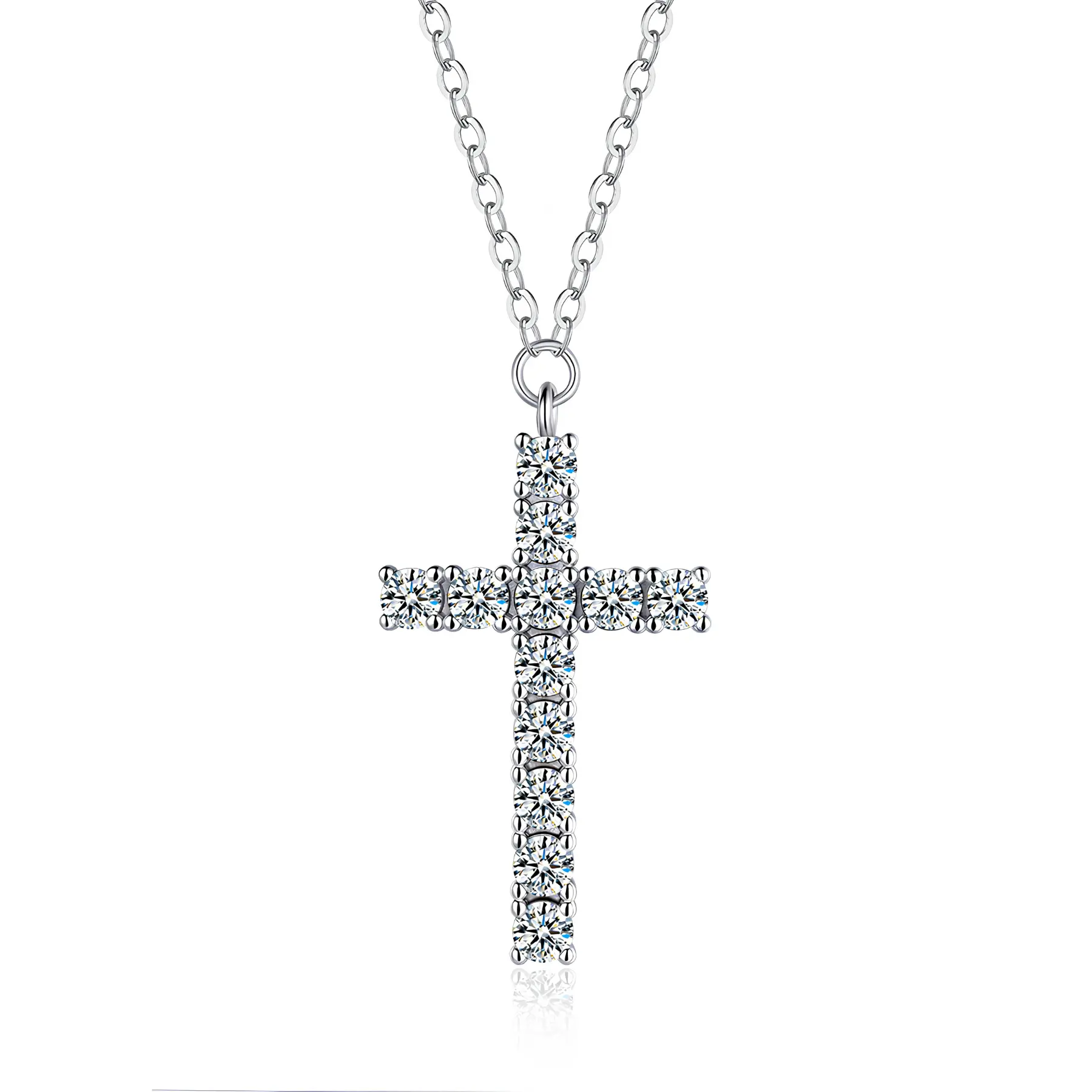 925 Pure Sterling Silver Pavé Moissanite Cross Necklace, 0.5 CT D Color VVS Unisex Pendant, 17" (43 cm) Polished Chain, Lightweight & Comfortable for Everyday Layering, Elegant Gifting Accessory