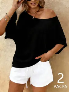 2 Piece Set Women's Casual Loose One Shoulder Top with Striped Cool Shorts, Stylish Summer for Outdoor and Events