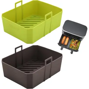 Air Fryer Liners 10QT For DZ550/DZ401, 2 Pack BPA Free Air Fryer Basket Liner with Handle, Rectangle Dual Basket Air Liners,