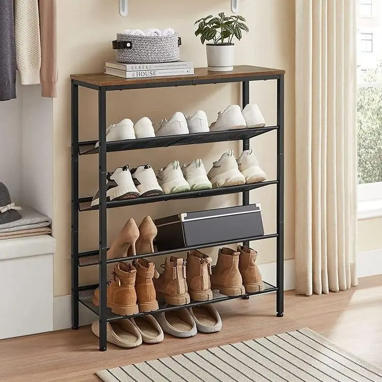 SONGMICS HOME Freestanding Shoe Storage Rack for Entryway - 16-20 Pairs Single Unit Organizer with Sturdy Steel+Wood Frame, Wooden Shelf, 16.8lb Capacity, Industrial Indoor Furniture, Shoe Rack Organizer