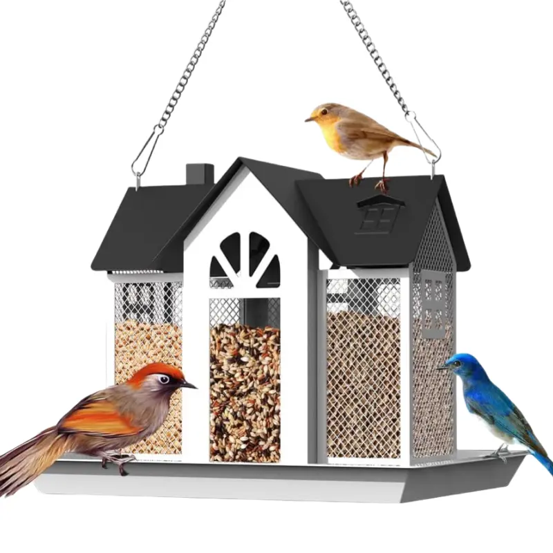 3-Units Squirrel-Proof Outdoor Wild Bird Feeder - House Shape, Large-Capacity Metal Mesh Hollowed-Out, Weatherproof Durable Home & Festive Tree Decoration