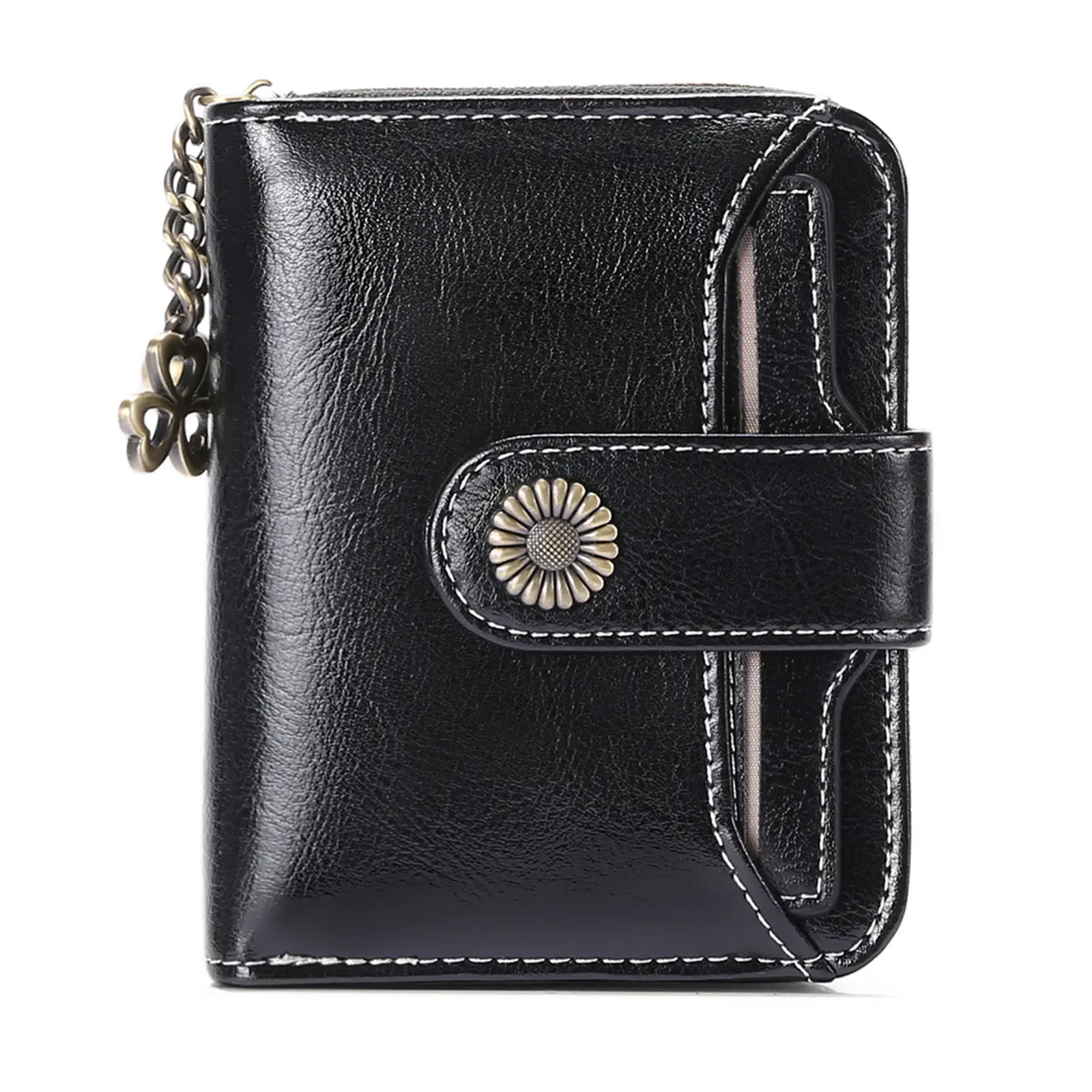 Women's PU Leather Folding Wallet - 1PC, Low-Toxic, Compartmentalized, Double-Fold, Lightweight Compact, Detachable ID Window, Multiple Card Slots, Zippered Change Pocket, Snap Buckle Closure, Classic Red & Black Style, Black Leather Women's Wallet, Black