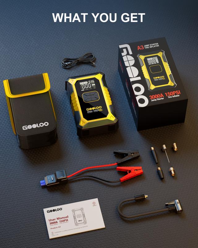 GOOLOO A3 YELLOW Jump Starter with Air Compressor, 3000A Portable Car Battery Booster (9.0 Gas/6.5L Diesel) with 150PSI Auto-Shutoff Tire Inflator