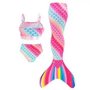 Girls Mermaid Tail Bikini Swimsuit Sets, Rainbow Beach Bathing Suit, 3 Piece Princess Performance Cosplay Costume Sets, Swimwear Sets