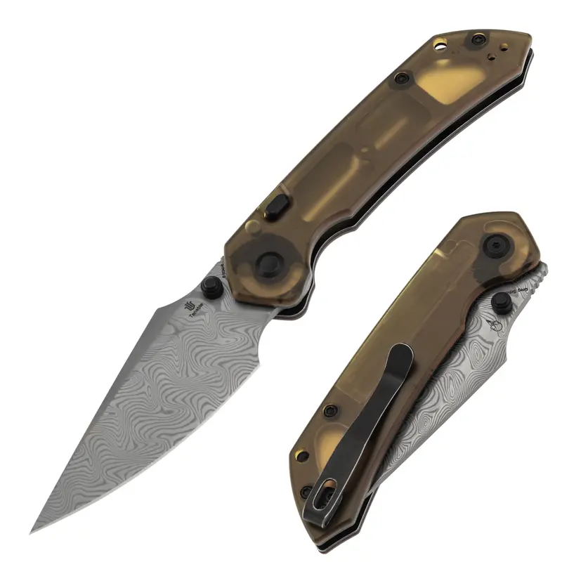 Tenable Fenrir Top Liner Lock Folding Pocket Knife - 3.4" Nitro-V Steel/Damascus Edge Blade, Black&Blue Aluminum/G10 Handle Grip, Damascus&Amber PEI Handle, Sparrow Design B1034H Series, EDC Knives for Bushcrafting, Camping